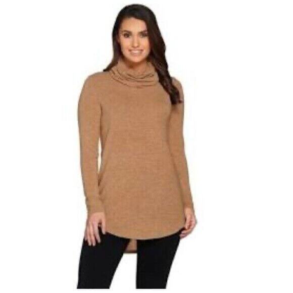 Lisa Rinna Collection Size XS Cowl Neck Sweater Tunic With Hi Low Hem Tan Camel - Picture 1 of 5
